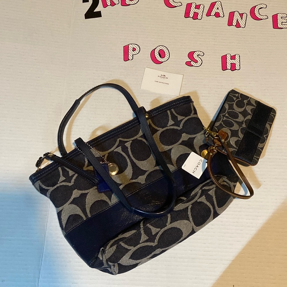 Very Good condition Coach Navy Denim  Handbag & New Matching Wristlet